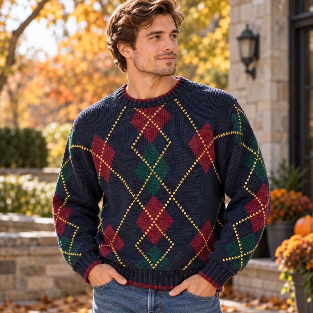 Vintage 90s Tommy Hilfiger Men's Argyle Crewneck Sweater M